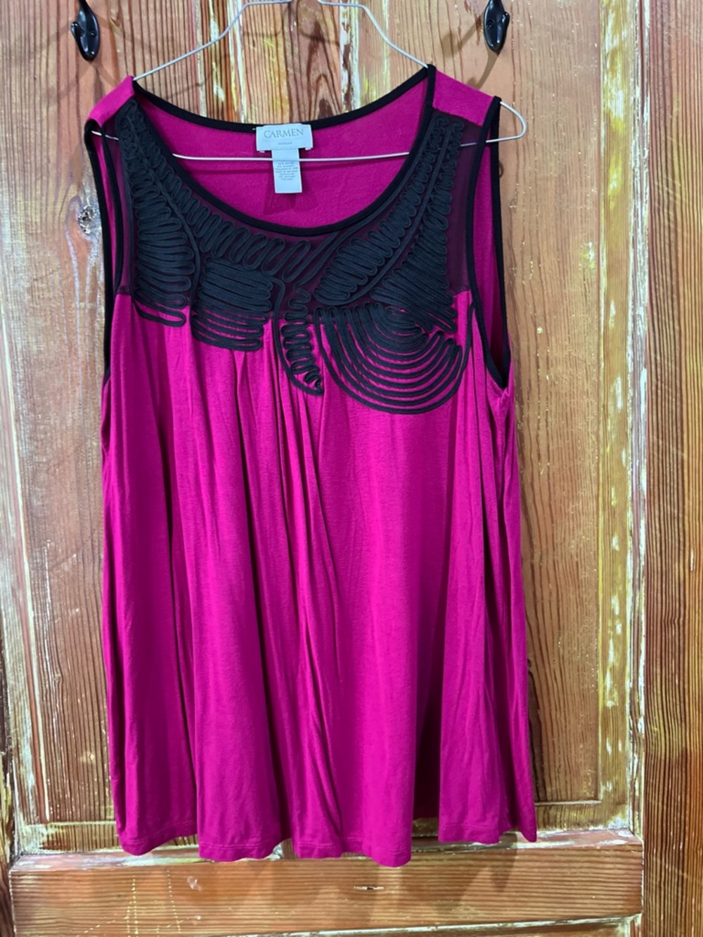 Carmen Magenta Sleeveless Tank with Black Mesh Embellishment